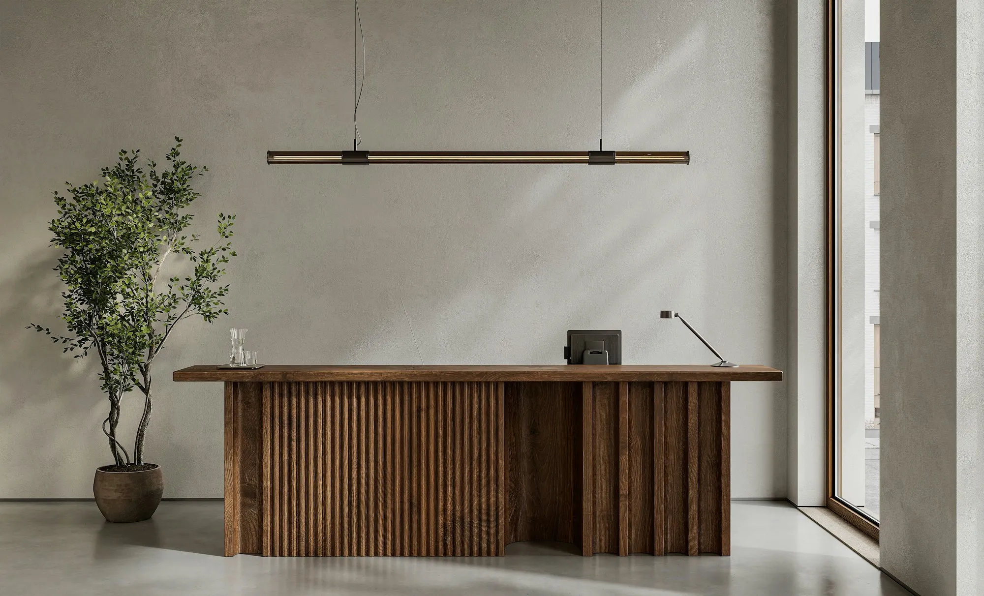 Firm reception with timber desk and plants